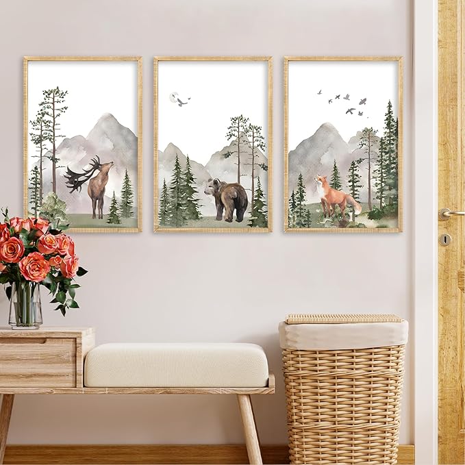 Set Of 3 Wild Woodland Nursery Animals Wall Art Decor 16x11 Inch Safari Foggy Forest Deer Bear Fox Posters Wood Framed Sign Jungle Children's Boys Girls Room Watercolor Prints Hang (Wood)