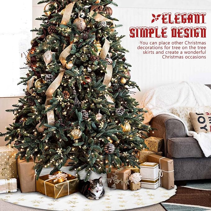 Hommtina Christmas Tree Skirt 48 Inches White Tree Skirt,Christmas Tree Decorations Faux Fur Tree Skirt for Xmas Holiday Home Party Decorations Ornaments (Golden Snowflake)