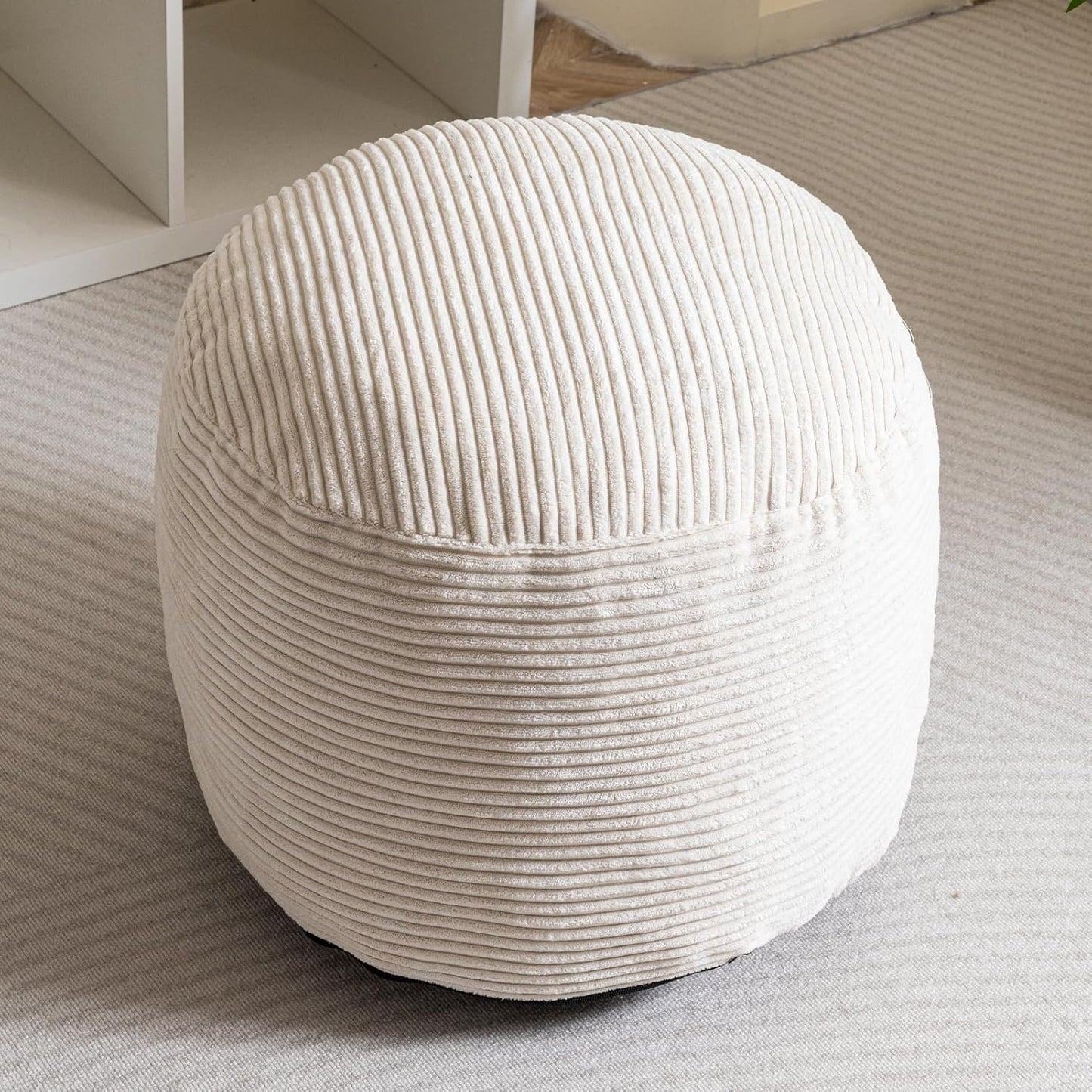 HIGOGOGO Round Stuffed Pouf Ottoman, Corduroy Poufs with Foam Chunk Filling, Corduroy Pouf Foot Stool Storage Ottoman, 26 X 18 Floor Poufs Foot Rest for Living Room, Beige