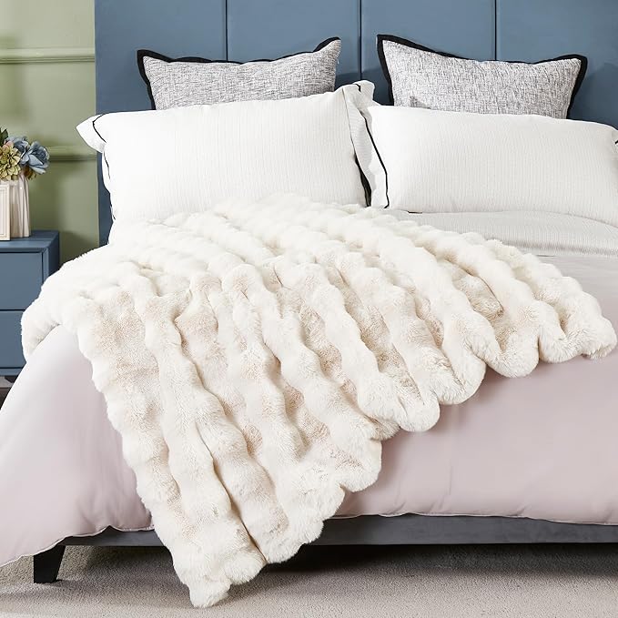 JONIYEAR Soft Fuzzy Oversized Bubble Faux Rabbit Fur Throw Blanket 60" x 70", Reversible Thick Warm Fluffy Blanket for Winter, Luxury Cozy Puffy Shaggy Furry Blankets for Bed, Twin Size, Cream White