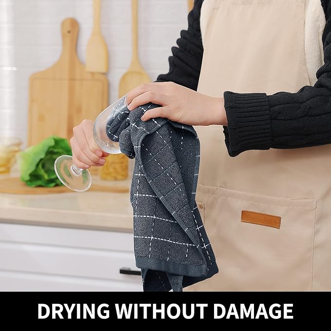 Homaxy 100% Cotton Terry Kitchen Towels(Dark Grey, 13 x 28 inches), Checkered Designed, Soft and Super Absorbent Dish Towels, 6 Pack