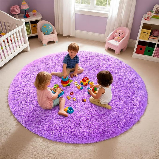 Purple Round Rug for Bedroom, 4Ft Fluffy Circle Area Rugs for Living Room, Shag Fuzzy Carpet for Kids Room, Nursery, Dorm, Classroom, Teen, Cute Baby Play Mat Home Decor Aesthetic