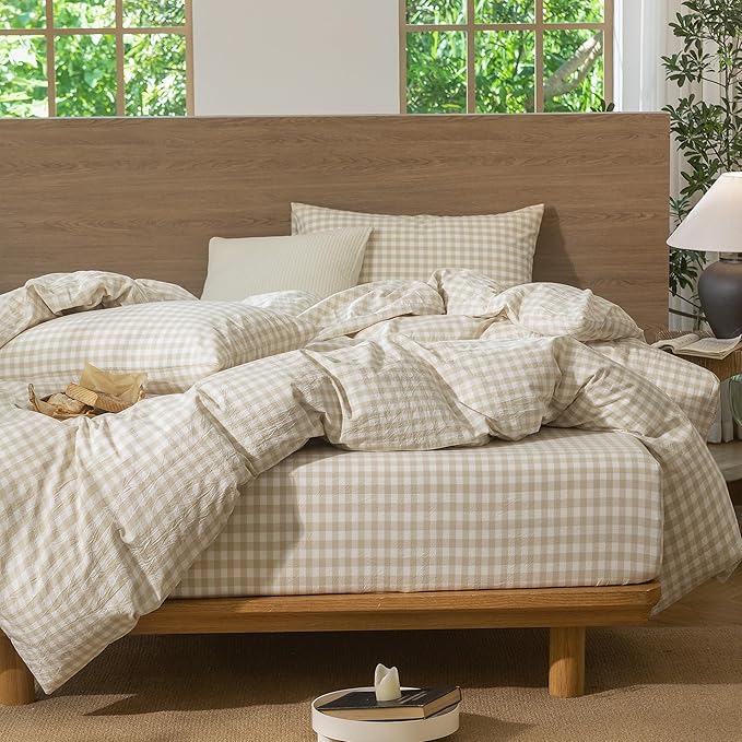 MooMee Gingham Duvet Cover Set 100% Washed Cotton Linen Like Textured Breathable Durable Soft Comfy Modern Checkered Design (Almond Milk Grey Gingham, Super King 108"x98")