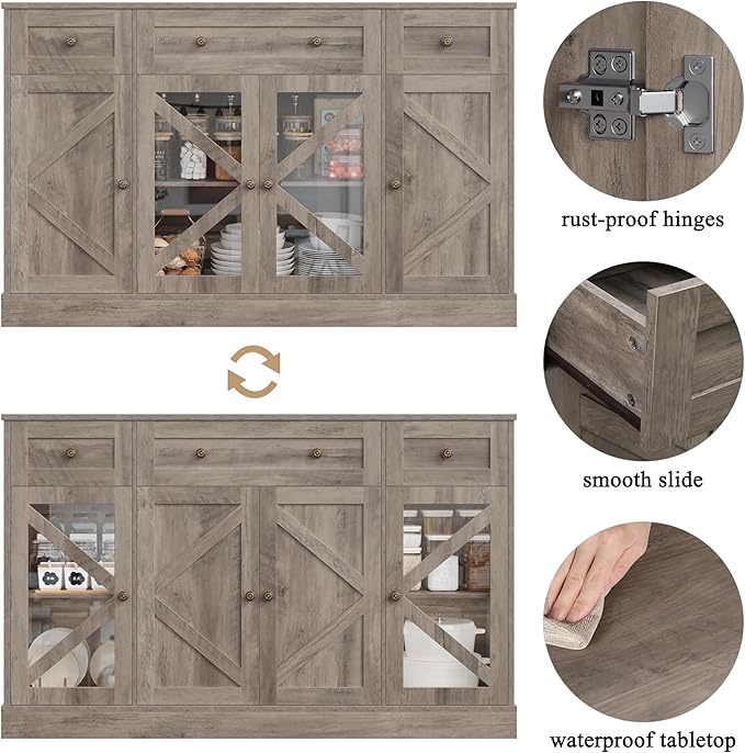 Keyluv Buffet Sideboard 55" Large Storage Cabinet 4 Doors and 3 Drawers, Farmhouse Wooden Coffee Bar Space-Saved Cupboard Furniture for Dining Room, Kitchen, Living Room, Grey Brown
