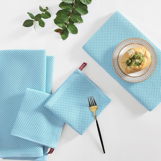 Homaxy 100% Cotton Kitchen Towels and Dishcloths Set, 12 x 12 Inches and 13 x 28 Inches, Set of 10 Bulk Kitchen Towels Set, Ultra Soft Absorbent Dish Cloths for Washing Dishes, Sky Blue