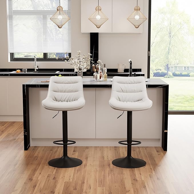 Kidol & Shellder Bar Stools Set of 2 Adjustable Swivel White, PU Leather Upholstered with Back, Modern Counter Height Stools for Kitchen Island, Home Bar