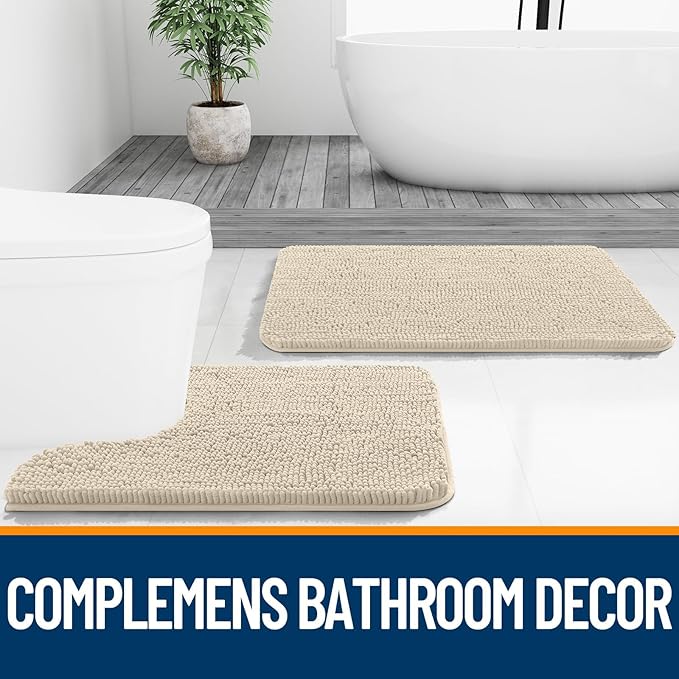 OLANLY Bathroom Rugs Sets 3 Piece, Soft Absorbent Chenille Bath Mats and U-Shaped Contour Toilet Rug, Quick Dry, Home Decor Accessories, Bath Mat Set for Bathroom (47"x20"+24"x16"+24"x20", Sand)