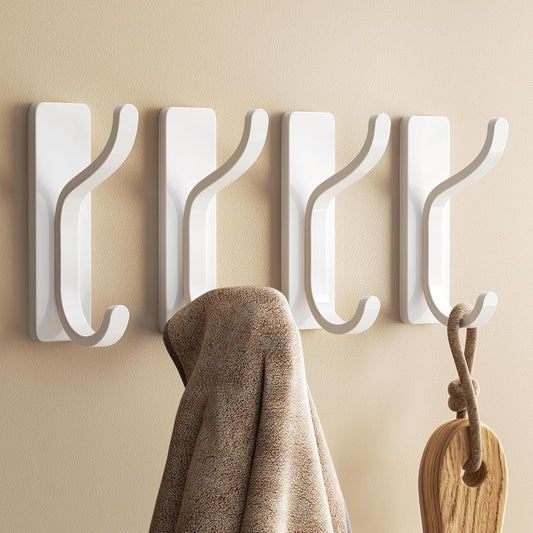 Self Adhesive Wall Hooks for Hanging - 13 LB Strong Hold, Sticky Hangers for Coat, Towel, Purse, Keys, Bag - for Wall, Door, Bathroom, Shower, Kitchen - Stainless Metal, White, 4 Pack