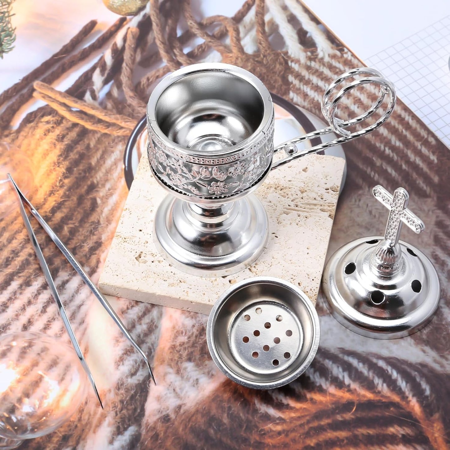 Yawlsow Incense Burner, Frankincense Charcoal Incense Stand, Bakhoor Incense Burner Holder, Ideal for Aromatherapy, Yoga and Spa, Home and Christian Church Censer, (Silver)