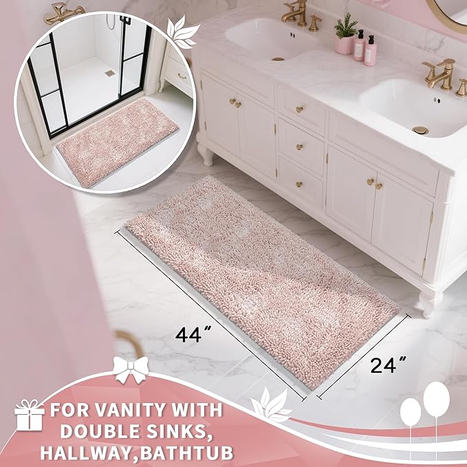 Yimobra Long Bathroom Rug Non Slip 44x24 Inch, Extra Thick Soft Absorbent Chenille Bath Mat, Machine Washable Quick Dry Bath Rugs for Bathroom Floor, Tub and Shower, Home Decor Accessories, Pink