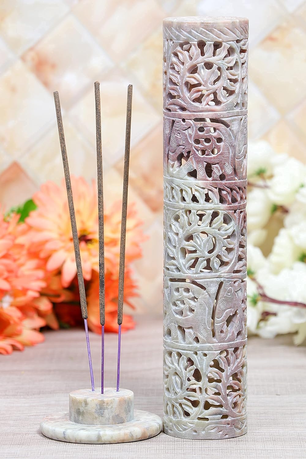Crocon Soapstone Handmade Tower Candle Burner Elephant Leaf Crafting Incense Tower Burner | Tea Light Holder | Living Room Decor Kitchen Home Fragrance Decorative Great Gift Set - 2.9X2.9X10 Inch