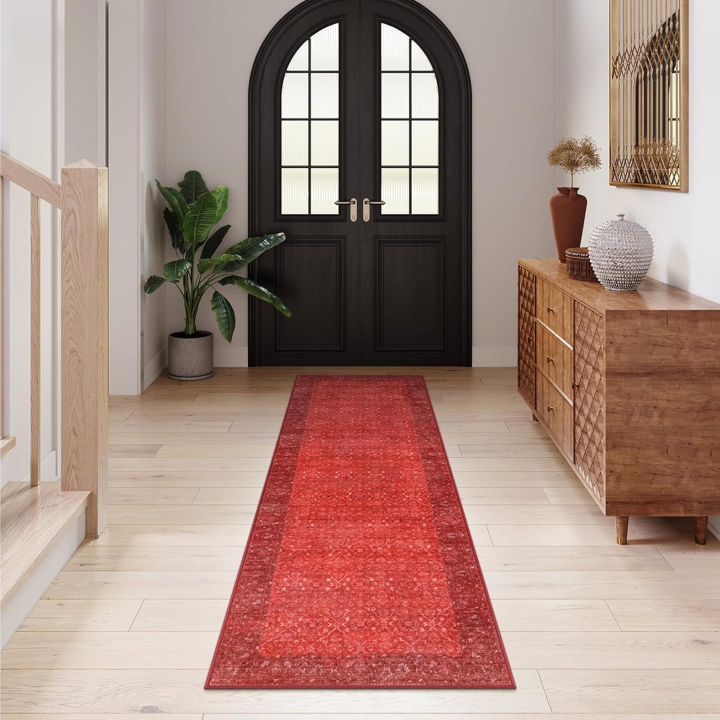 Vintage Red Kitchen Runner Rug, 2x6 Runners for Hallways Non Slip Washable Runner Rug for Bedroom Entryway, Ultra-Thin Carpet Runners for Laundry Room Bedroom (2'x6', Red)