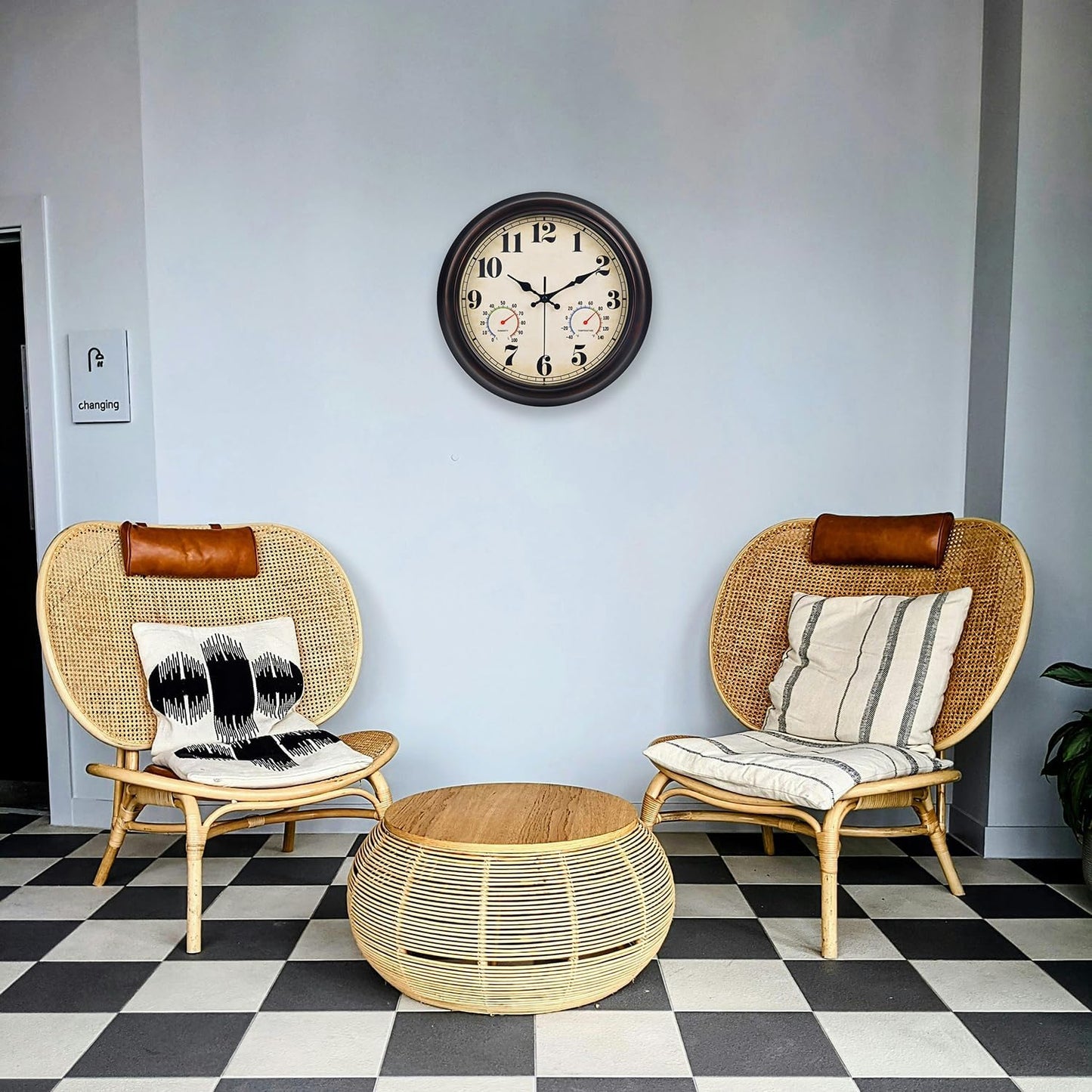 45MinST 13 Inch Red-Brown Vintage Waterproof Wall Clock with Thermometer & Hygrometer, Large Silent Numerals & Accurate Timekeeping for Indoor & Outdoor(Garden,Porch,Pool)