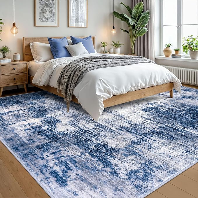 IOHOUZE Abstract Area Rugs 9x12 Ft Washable Large Rugs for Living Room, Non Slip Dining Room Rug, Printed Faux Wool Rugs for Bedroom, Floor Carpet for Office Nursery Playroom, Navy/Grey