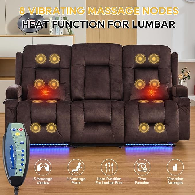 IPKIG 76" Power Reclining Sofa, Electric Home Theater Seating with Flipped Middle Backrest/LED Lighting/USB Ports/Built-in Outlets, Dual Recliner Sofa 3 Seater for Living Room RV (Brown)