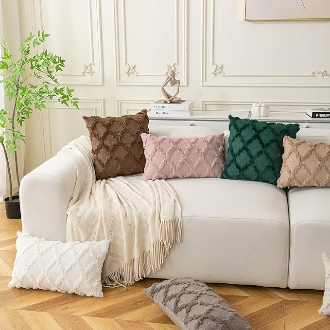 Set of 2 Soft Moroccan Throw Pillow Covers 24x24 Inch Plush Boho Decorative Pillow Cover Accent Cushion Case for Couch Sofa Bed, Dark Green