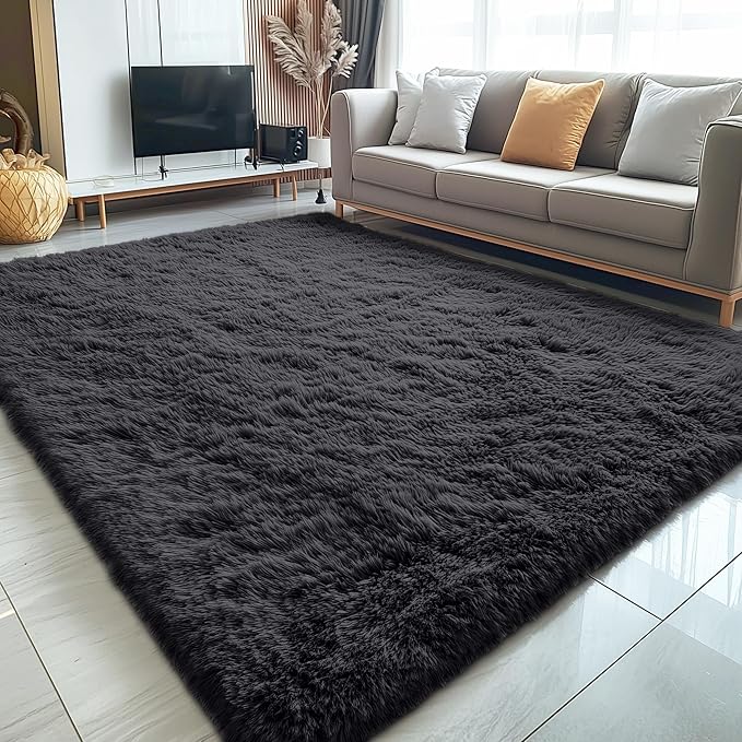 OLANLY 5x8 Machine Washable Large Area Rugs for Living Room, Bedroom, Soft Fluffy Shaggy Bedside Rug, Indoor Floor Carpet for Kids Girls and Boys, Dorms, Nursery, Home Decor Aesthetic, Black