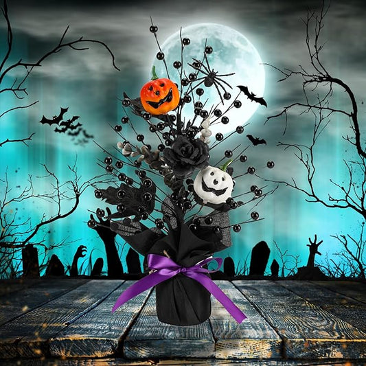 18 Inch Halloween Table Tree, LED Lighted Artificial Tree with Pumpkin,Spider, Black Berries,Halloween Centerpiece for Table, Holiday Party Home Decor