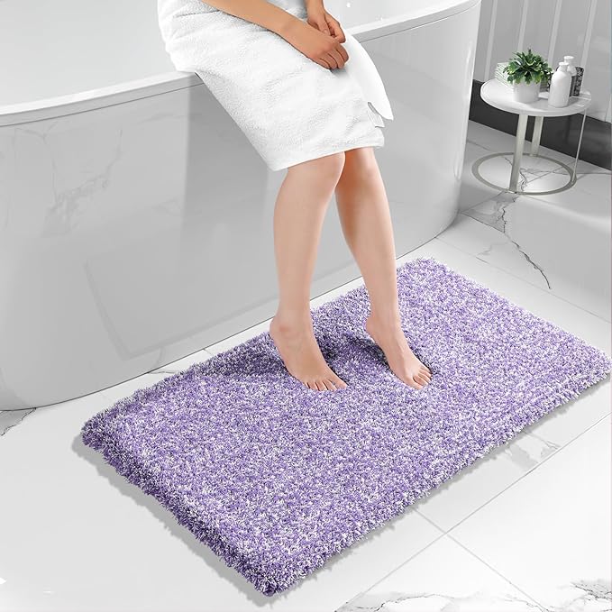 Yimobra Luxury Bathroom Rugs, Fluffy Bath Mats, Non Slip, Water Absorbent Microfiber, Machine Washable, Plush Soft Runner Shower Rugs, Thick Matts for Bathroom Floor&Tub, 47"x 24", Purple and White