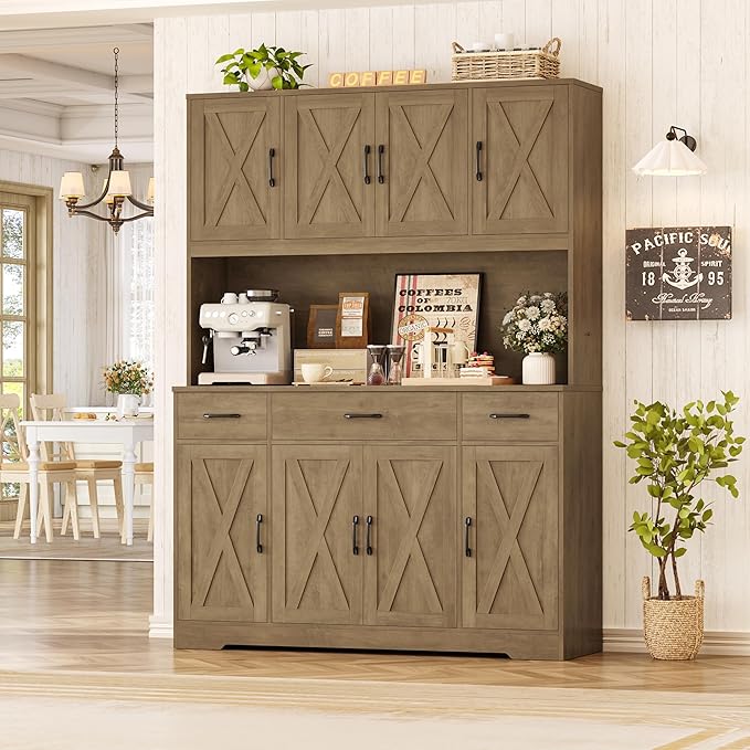 HOSTACK 71" Tall Kitchen Pantry Storage Cabinet with Charging Station, 55" Wide Kitchen Hutch Cabinet with Large Countertop, Farmhouse Food Pantry with Drawers for Living Room (Rustic Brown)