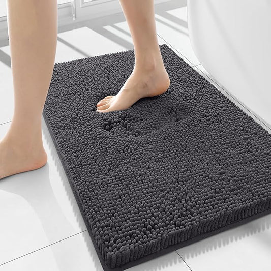 Smiry Luxury Chenille Bathroom Rugs 34x21, Extra Soft and Absorbent Shaggy Bath Mat, Machine Washable, Non-Slip Plush Carpet Runner for Tub, Shower, and Floor, Home Decor Accessories, Charcoal Grey