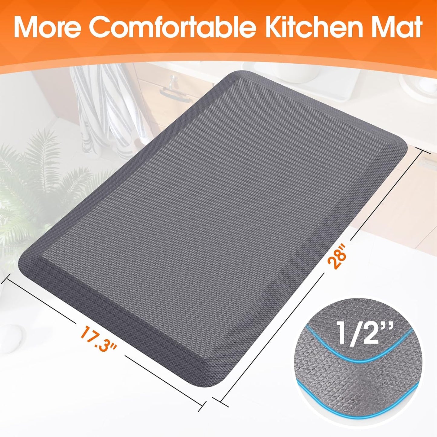 Kitchen Mat, Cushioned Thick Floor Comfort Mat, with Non-Slip Bottom, Waterproof & Stain Resistant & Easy Clean, Standing Desk Mat for Kitchen, Sink, Office (17.3''x28'', Grey)