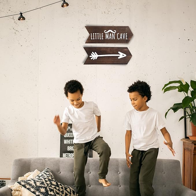 Little Man Cave Sign For Boys - 2 Pcs 14" x 5" Baby Boy Nursery Wall Decor Art for Playroom, Rustic Wooden Arrow Sign For Nursery, Cabin Room Wall Decor, Easter Gifts for Kids, Brown