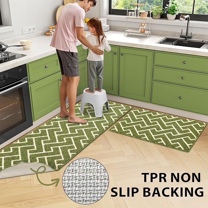 hicorfe Kitchen Rugs and Mats Sets,Non-Slip Absorbent 100% Polypropylene Kitchen Mats for Floor,Comfort Kitchen Runner Mat,Washable for Kitchen,Sink,Laundry(20" x 31.5" Plus 20" x 48",Sage Green)