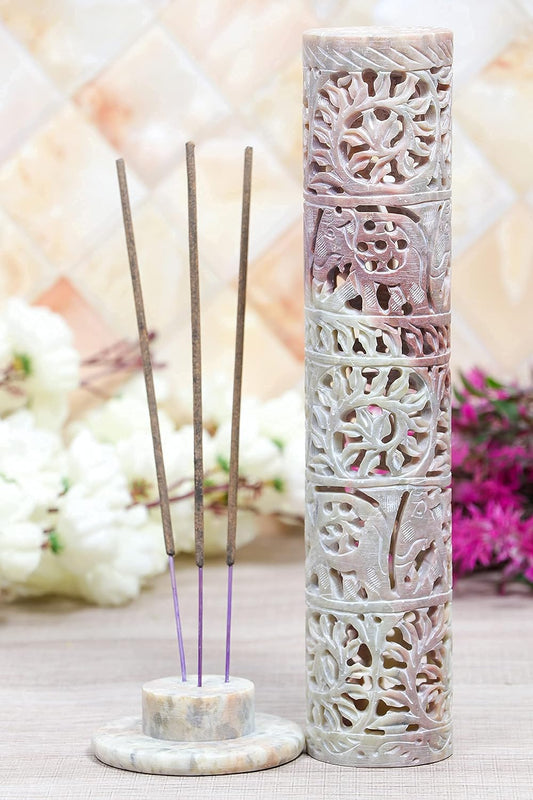Crocon Soapstone Handmade Tower Candle Burner Elephant Leaf Crafting Incense Tower Burner | Tea Light Holder | Living Room Decor Kitchen Home Fragrance Decorative Great Gift Set - 2.9X2.9X10 Inch