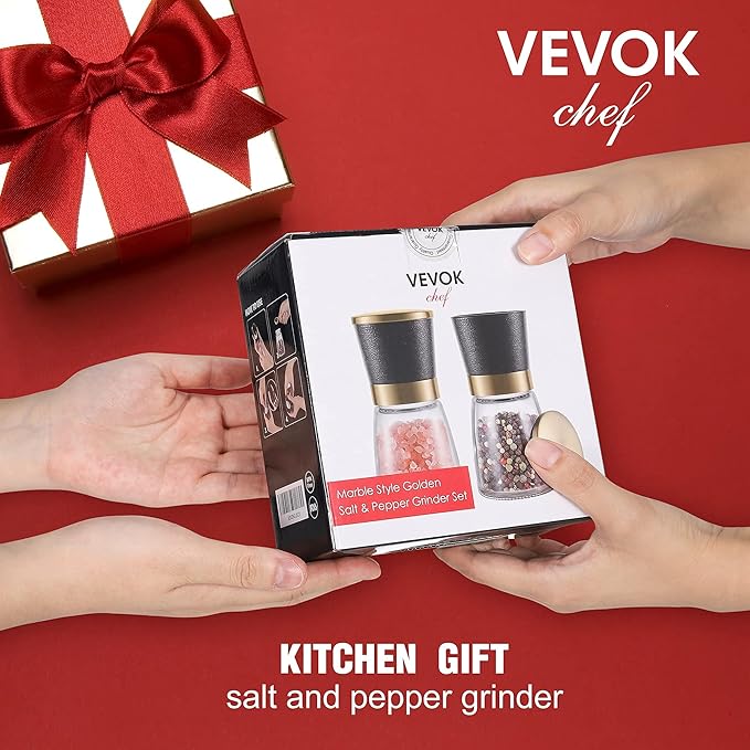 VEVOK CHEF Gold Salt and Pepper Grinder Set Stainless steel Salt and Pepper Mill Set Ceramic Adjustable Coarseness Spice Grinder Refillable Sea Salt Shaker Home Kitchen Decor