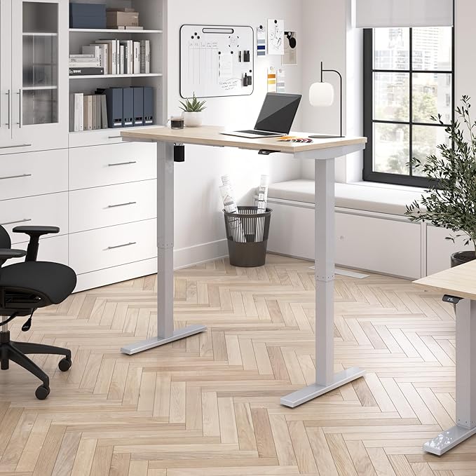 Bush Business Furniture Move 40 Series 48W x 24D Electric in Natural Elm with Silver Base, Ergonomic Sit-Stand Computer Table for Home and Professional Office