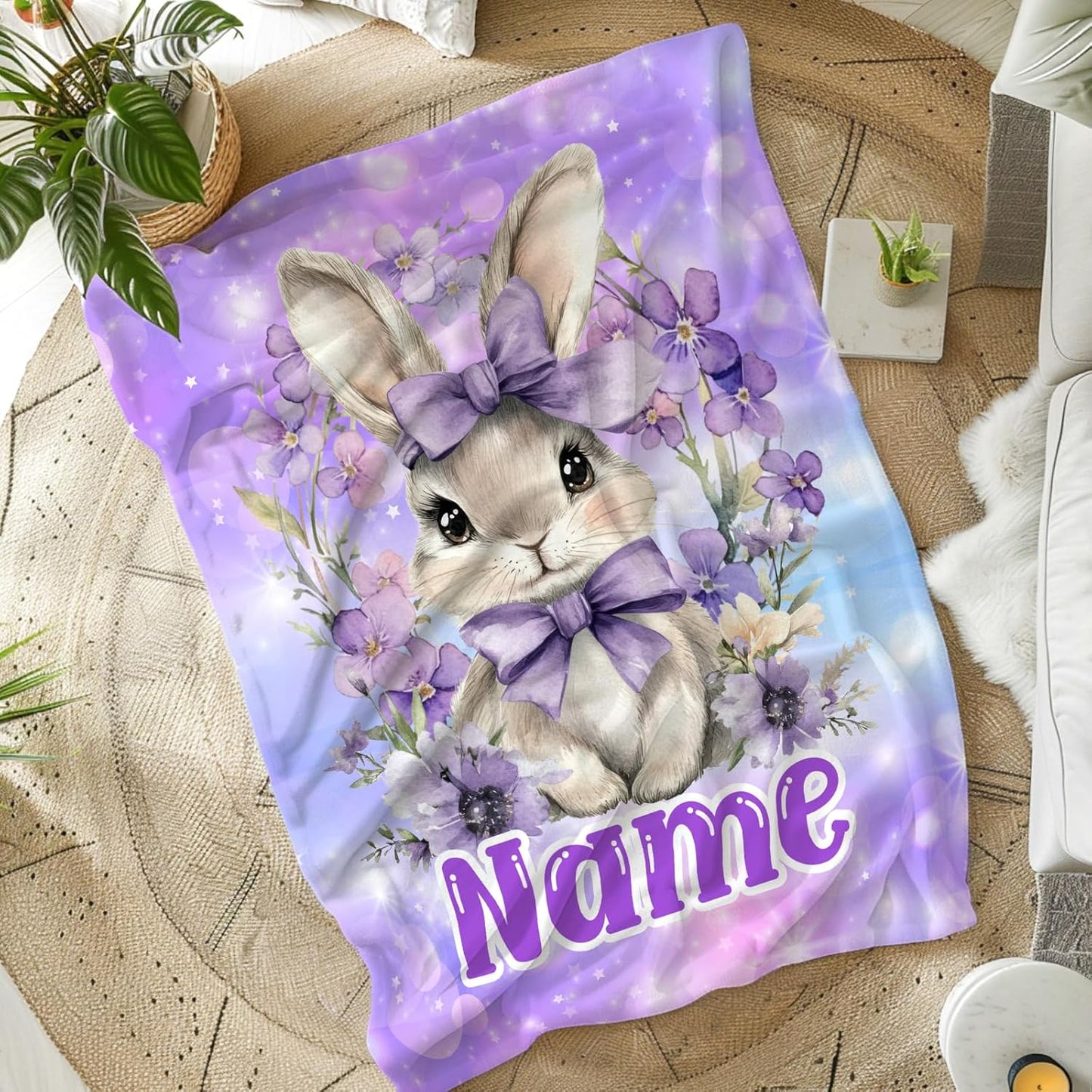 Kids Blanket for Girls Women Custom Bunny Blanket Gift for Birthday, Cozy Warm Rabbit Flannel Throw for Bed Sofa Room