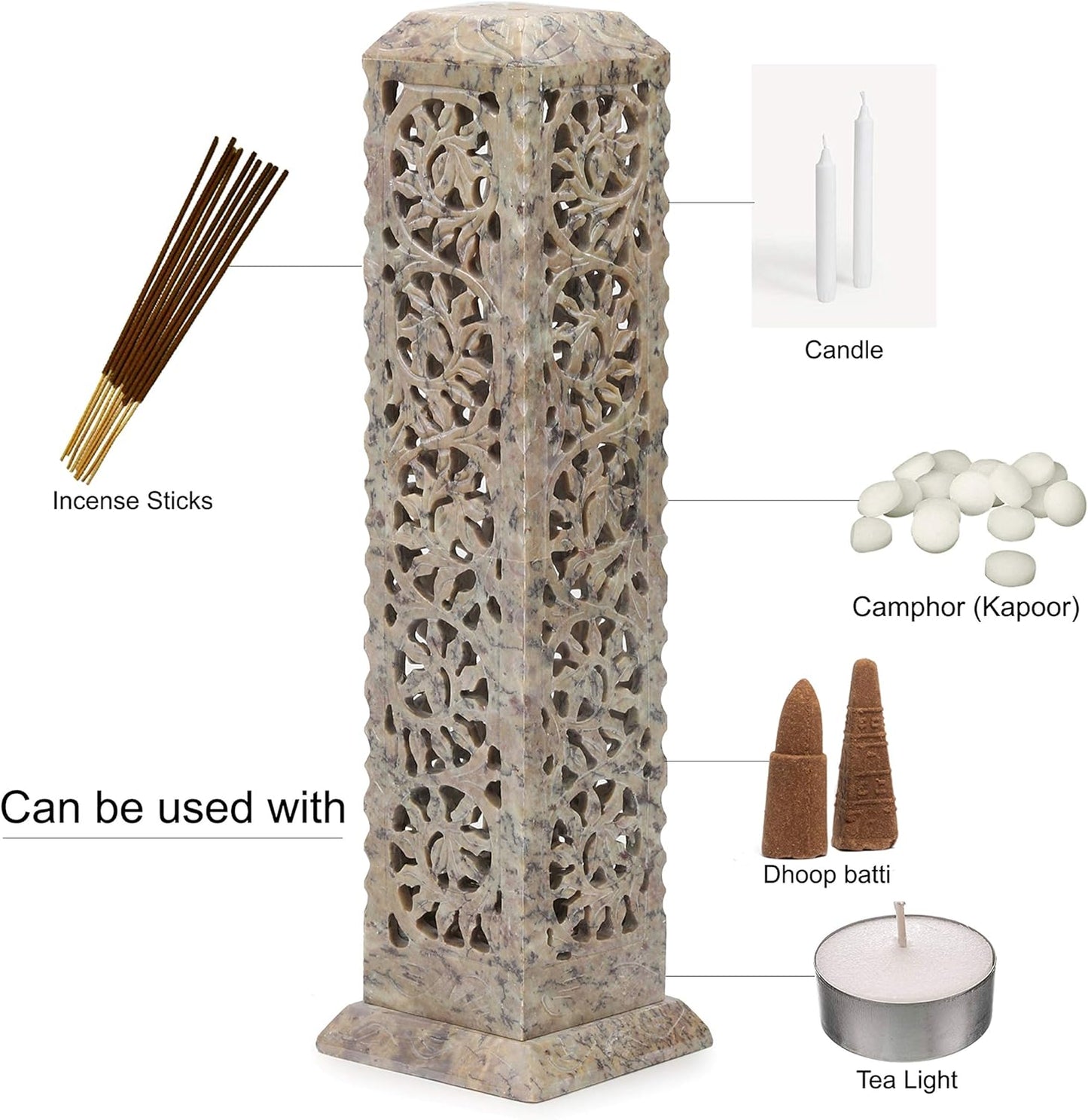Carry Me Handmade Marble Soapstone Incense Stick Burner | Candle Stick Holder | Tea Light Stand - Perfect Incense Tower for Gifting. Decorative Home and Kitchen Decor (3 x 3 x 11 Inches)