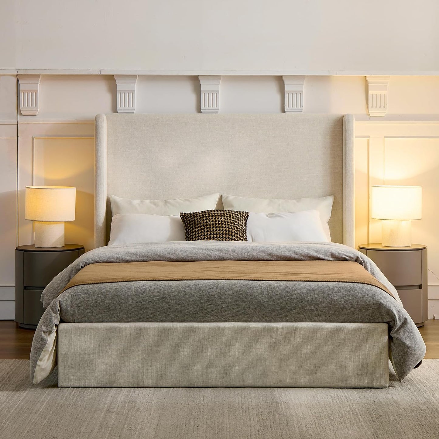 King 52.3" Tall Headboard Carmen Wingback Upholstered Platform Bed Frame Premium Textured Canvas Chenille Elegant Simplicity for Bedroom No Box Spring Needed Easy Assembly No Noise Ivory