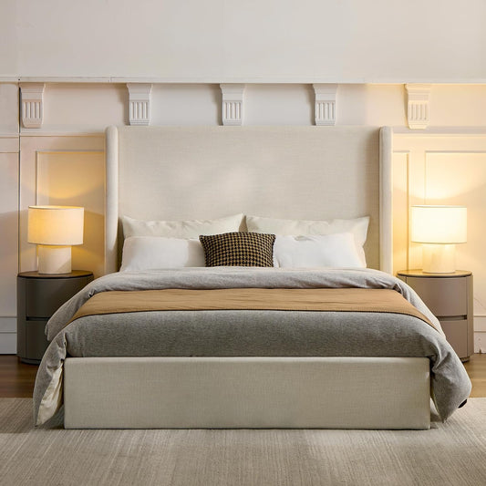 King 52.3" Tall Headboard Carmen Wingback Upholstered Platform Bed Frame Premium Textured Canvas Chenille Elegant Simplicity for Bedroom No Box Spring Needed Easy Assembly No Noise Ivory