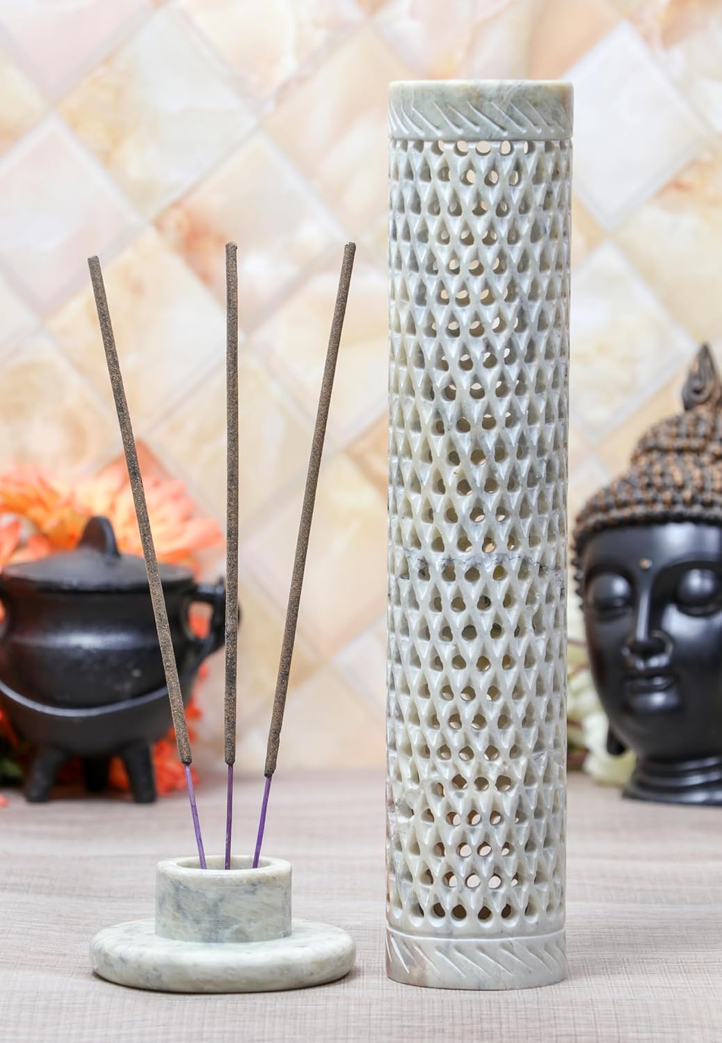 Crocon Handmade Blue Marble Soapstone Incense Stick Round Shape Elephant & Leaf Design Tower Burner | Tea Light Candle Holder | Decorative Home & Kitchen Best Gift Size - (2.7x2.7x10 Inch)