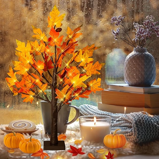 FastDeng 2ft Tabletop Lighted Maple Tree, 36 LED Warm White Artificial Fall Tree Lights with 6pcs Acorn Timing Battery Operated for Indoor Autumn Harvest Home Decor, Thanksgiving Decorations