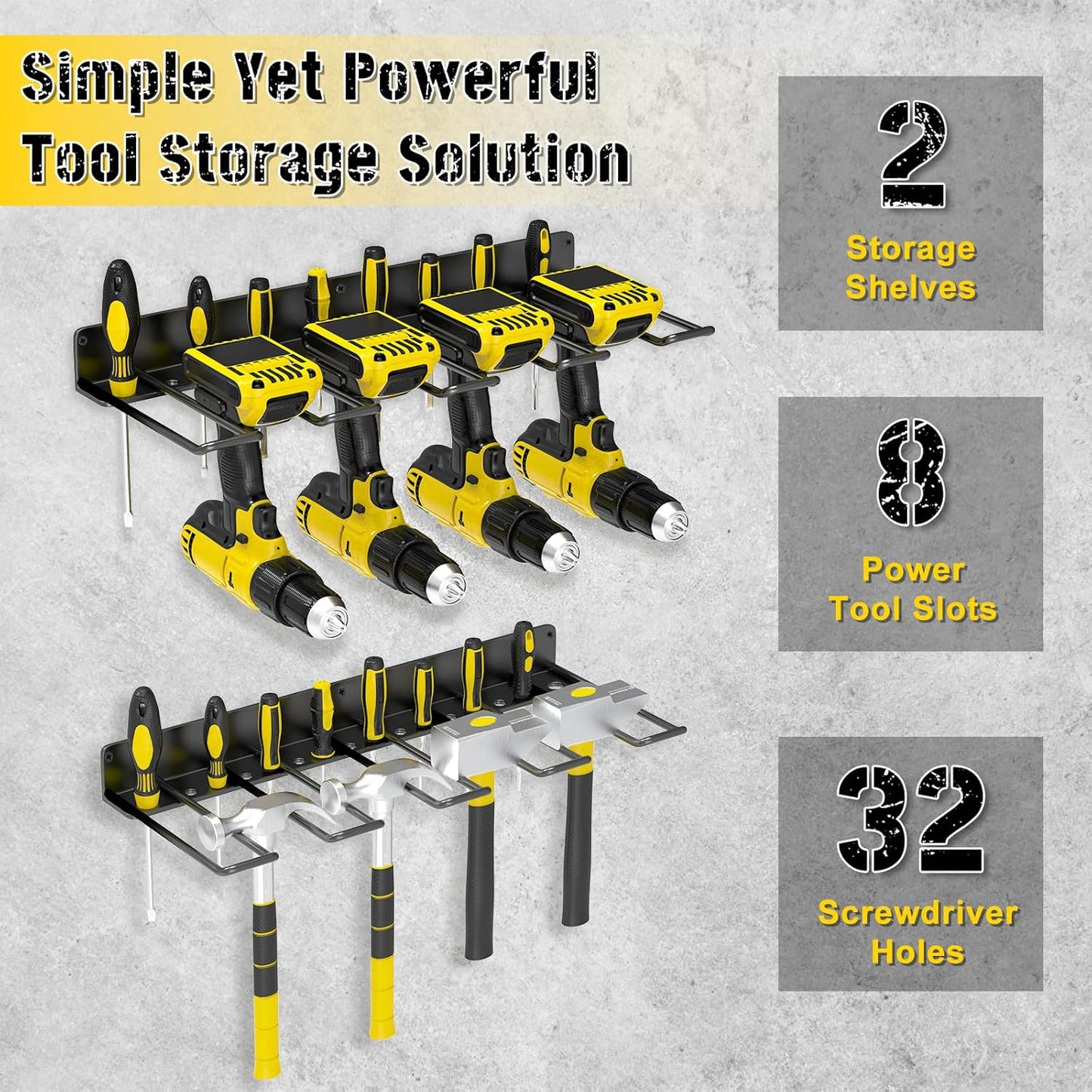 2 Pack Drill Holder Wall Mount, Power Tool Organizer, 4 Cordless Metal Drill Racks with Screwdriver Hole, Heavy Duty Garage Tool Organizer Storage Rack for Workshop Tool Room Basement