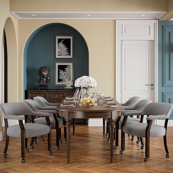 MODERION Dinning Chairs with Wheels and Arms Set of 6, Solid Wood Office Desk Chairs with Frosted Velvet Upholstered, Classic Swivel Accent Chairs, 31.5" H Boss Caption's Chair, Warm Grey XXY-HT22-TP