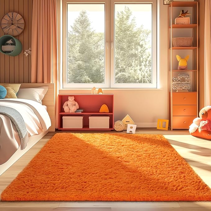 Ophanie Orange Fall Rugs for Bedroom Living Room, Fluffy Fuzzy Furry Carpet, Plush Soft Shaggy Bedside Indoor Floor 4x6 Area Rug for Kids Girls Boys Baby Teen Dorm Nursery Home Decor Aesthetic