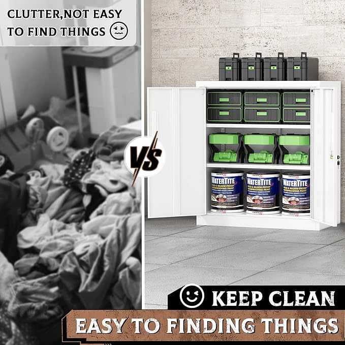 SUNCROWN 36” Metal Storage Cabinets with Doors and 2 Adjustable Shelves, Locking Tool Garage Cabinet, File Cabinets for Home & Office (White)