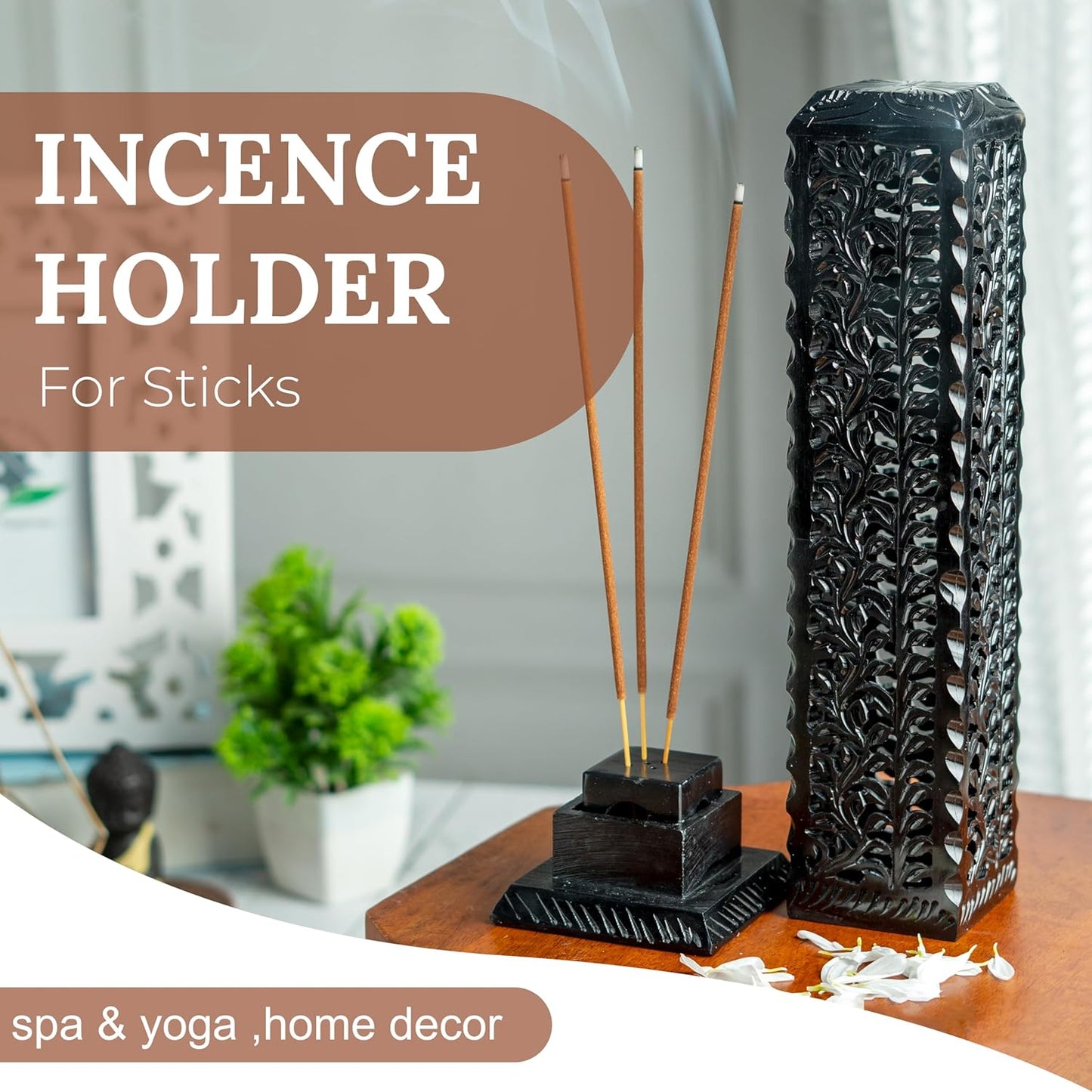 Crocon Handmade Black Marble Soapstone Incense Stick Burner Square Shape Leaf Design Tower Burner | Incense Cone & Candle Stick Holder | Decorative Home & Kitchen Best Gift Size LxWxH, 2.7x2.7x10 Inch