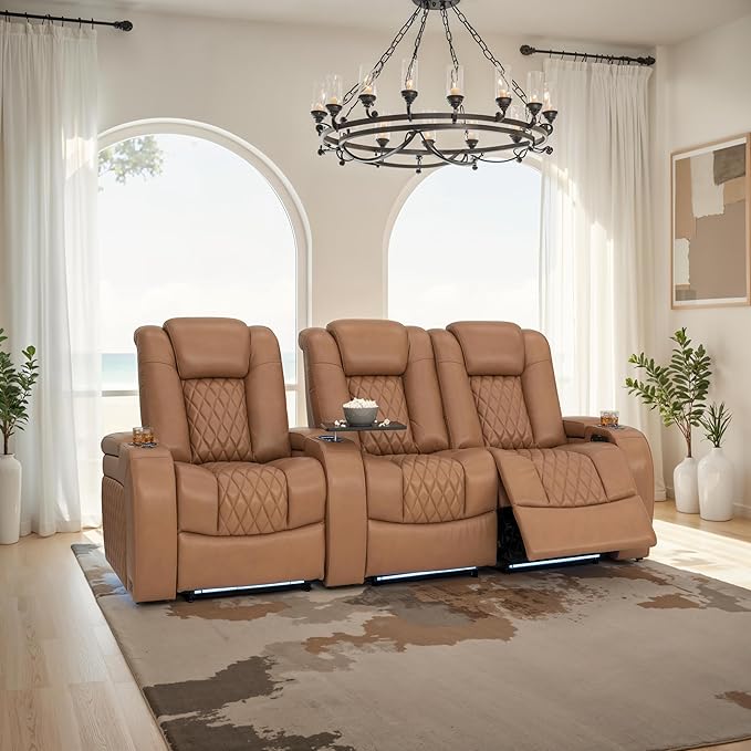 Seatcraft Diamante Zero-Gravity CoolZero Italian Leather Home Theater Seating, Power Headrest, Power Recline, Row of 3 Right Loveseat, Tan Oak