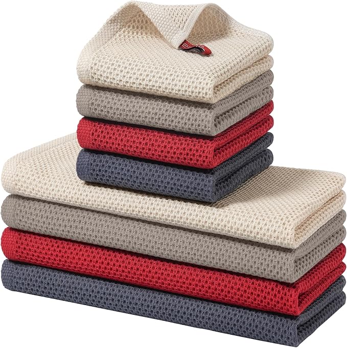 Homaxy 100% Cotton Kitchen Towels and Dishcloths Set, 12 x 12 Inches and 13 x 28 Inches, Set of 8 Bulk Kitchen Towels Set, Ultra Soft Absorbent Dish Cloths for Washing Dishes, Mixed Color
