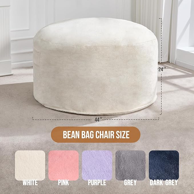 Hobestluk 4FT Bean Bag Chairs for Adults Large Beanbag Chair with Plush Faux Fur Cover Big Bean Bag Chair for Living Room Bedroom Dorm Office - White (44” x 44” x 24”)