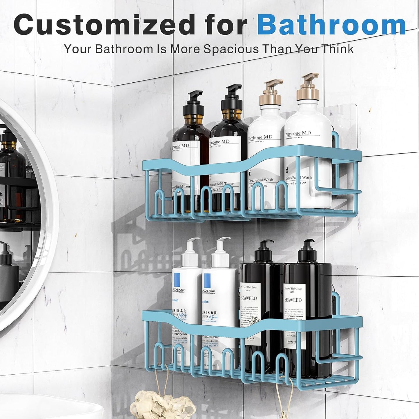 Shower Caddy 2 Pack, Adhesive Shower Organizer for Home Decor & Kitchen Organizers, No Drilling, Rustproof Stainless Steel Bathroom Shelves