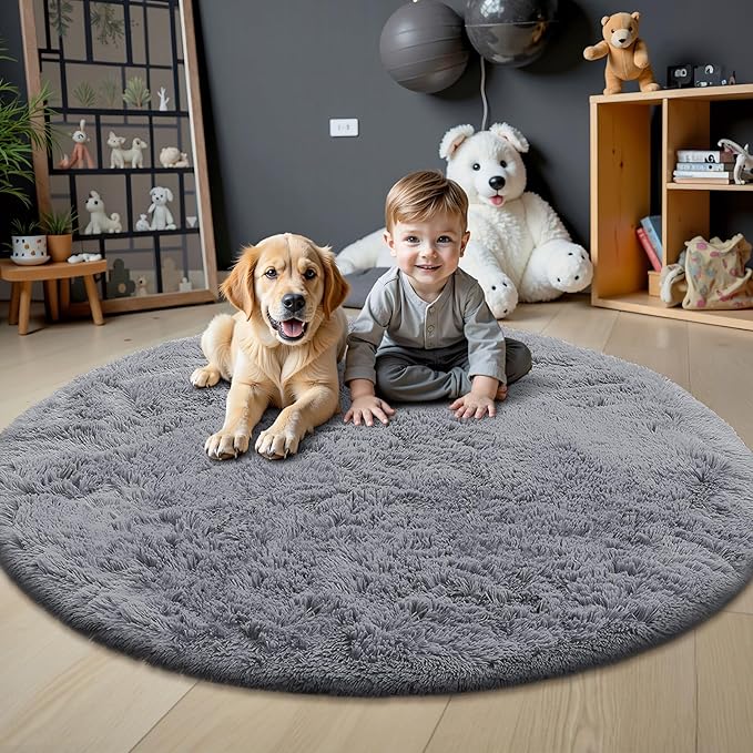 OLANLY Light Grey Round Rugs for Bedroom - Machine Washable, 8 ft Circle Area Rugs for Living Room, Soft and Fluffy Shaggy Carpet for Teen Girls and Boys, Nursery Rooms, Dorms, Home Decor Aesthetic