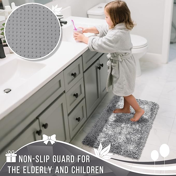 Yimobra Long Bathroom Rugs Runner 70x24 Inch, Extra Thick Soft Absorbent Chenille Bath Mat, Non Slip Machine Washable, Quick Dry Bath Rugs for Bathroom Floor, Tub and Shower, Light Grey