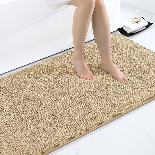 Smiry Luxury Chenille Bathroom Rugs 40x32, Extra Soft and Absorbent Shaggy Bath Mat, Machine Washable, Non-Slip Plush Carpet Runner for Tub, Shower, and Floor, Home Decor Accessories, Beige