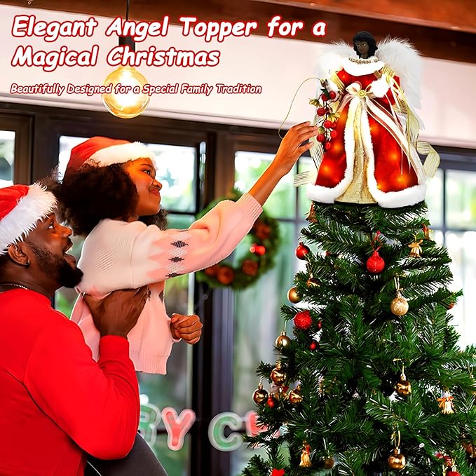 Angel Christmas Tree Topper with Lights, Lighted Tree Toppers Christmas Decorations, Elegant and Durable, Perfect for Holiday Home Decor and Gifts, Red, WOKEISE